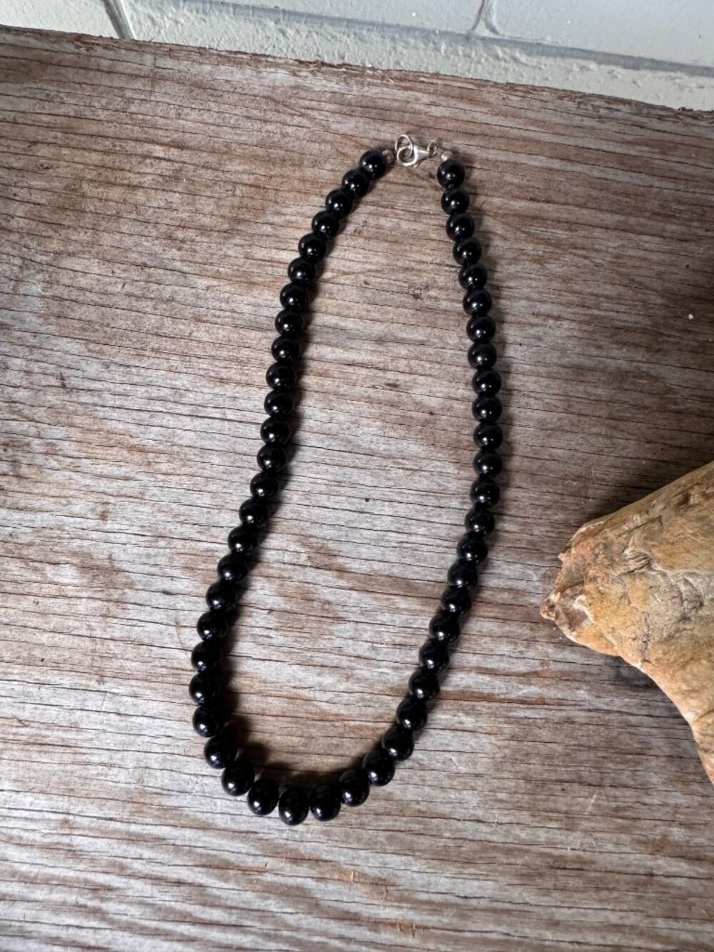 Black Onyx Bead Necklace 8mm 16” Sterling Silver 925 Clasp Vintage